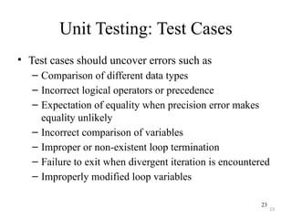 23
Unit Testing: Test Cases
• Test cases should uncover errors such as
– Comparison of different data types
– Incorrect logical operators or precedence
– Expectation of equality when precision error makes
equality unlikely
– Incorrect comparison of variables
– Improper or non-existent loop termination
– Failure to exit when divergent iteration is encountered
– Improperly modified loop variables
23
 