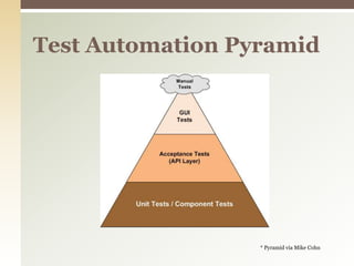Test Automation Pyramid* Pyramid via Mike Cohn