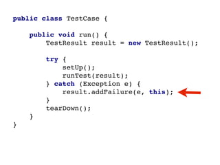 After Extract Parameter
public class TestCase {

    public void run(TestResult testResult) {
        TestResult result = ...