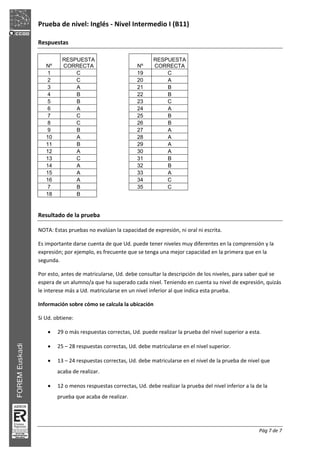 Prueba de nivel: Inglés Nivel Intermedio I (B11)
Pág 7 de 7
Respuestas
Nº
RESPUESTA
CORRECTA Nº
RESPUESTA
CORRECTA
1 C 19 C
2 C 20 A
3 A 21 B
4 B 22 B
5 B 23 C
6 A 24 A
7 C 25 B
8 C 26 B
9 B 27 A
10 A 28 A
11 B 29 A
12 A 30 A
13 C 31 B
14 A 32 B
15 A 33 A
16 A 34 C
7 B 35 C
18 B
Resultado de la prueba
NOTA: Estas pruebas no evalúan la capacidad de expresión, ni oral ni escrita.
Es importante darse cuenta de que Ud. puede tener niveles muy diferentes en la comprensión y la
expresión; por ejemplo, es frecuente que se tenga una mejor capacidad en la primera que en la
segunda.
Por esto, antes de matricularse, Ud. debe consultar la descripción de los niveles, para saber qué se
espera de un alumno/a que ha superado cada nivel. Teniendo en cuenta su nivel de expresión, quizás
le interese más a Ud. matricularse en un nivel inferior al que indica esta prueba.
Información sobre cómo se calcula la ubicación
Si Ud. obtiene:
29 o más respuestas correctas, Ud. puede realizar la prueba del nivel superior a esta.
25 – 28 respuestas correctas, Ud. debe matricularse en el nivel superior.
13 – 24 respuestas correctas, Ud. debe matricularse en el nivel de la prueba de nivel que
acaba de realizar.
12 o menos respuestas correctas, Ud. debe realizar la prueba del nivel inferior a la de la
prueba que acaba de realizar.
 