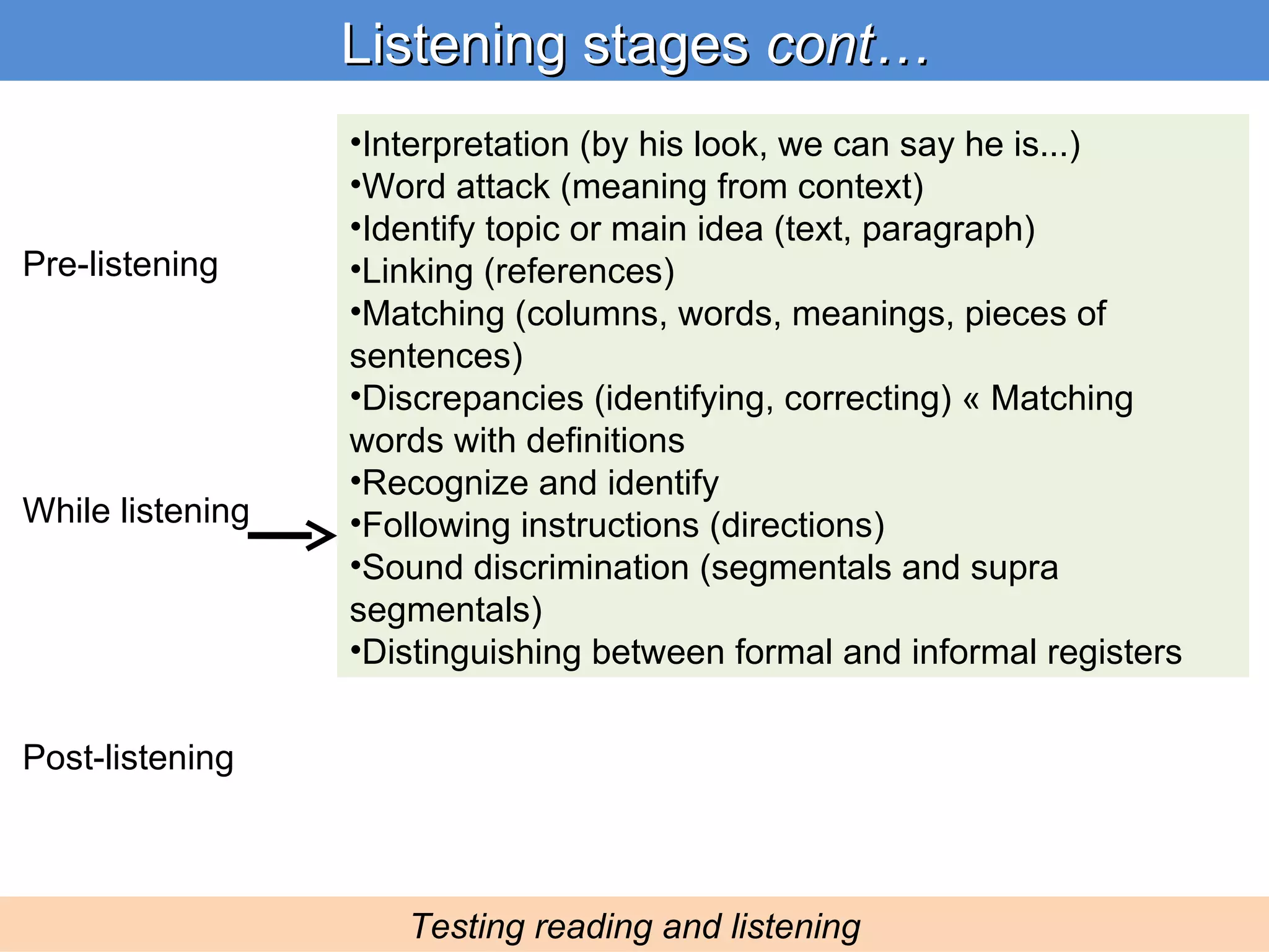 Listening stages  cont… Testing reading and listening Interpretation (by his look, we can say he is...)  Word attack (meaning from context) Identify topic or main idea (text, paragraph) Linking (references) Matching (columns, words, meanings, pieces of sentences) Discrepancies (identifying, correcting) « Matching words with definitions Recognize and identify Following instructions (directions) Sound discrimination (segmentals and supra segmentals) Distinguishing between formal and informal registers Pre-listening While listening Post-listening 
