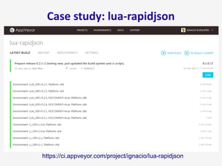 Case study: lua-rapidjson
https://ci.appveyor.com/project/ignacio/lua-rapidjson
 