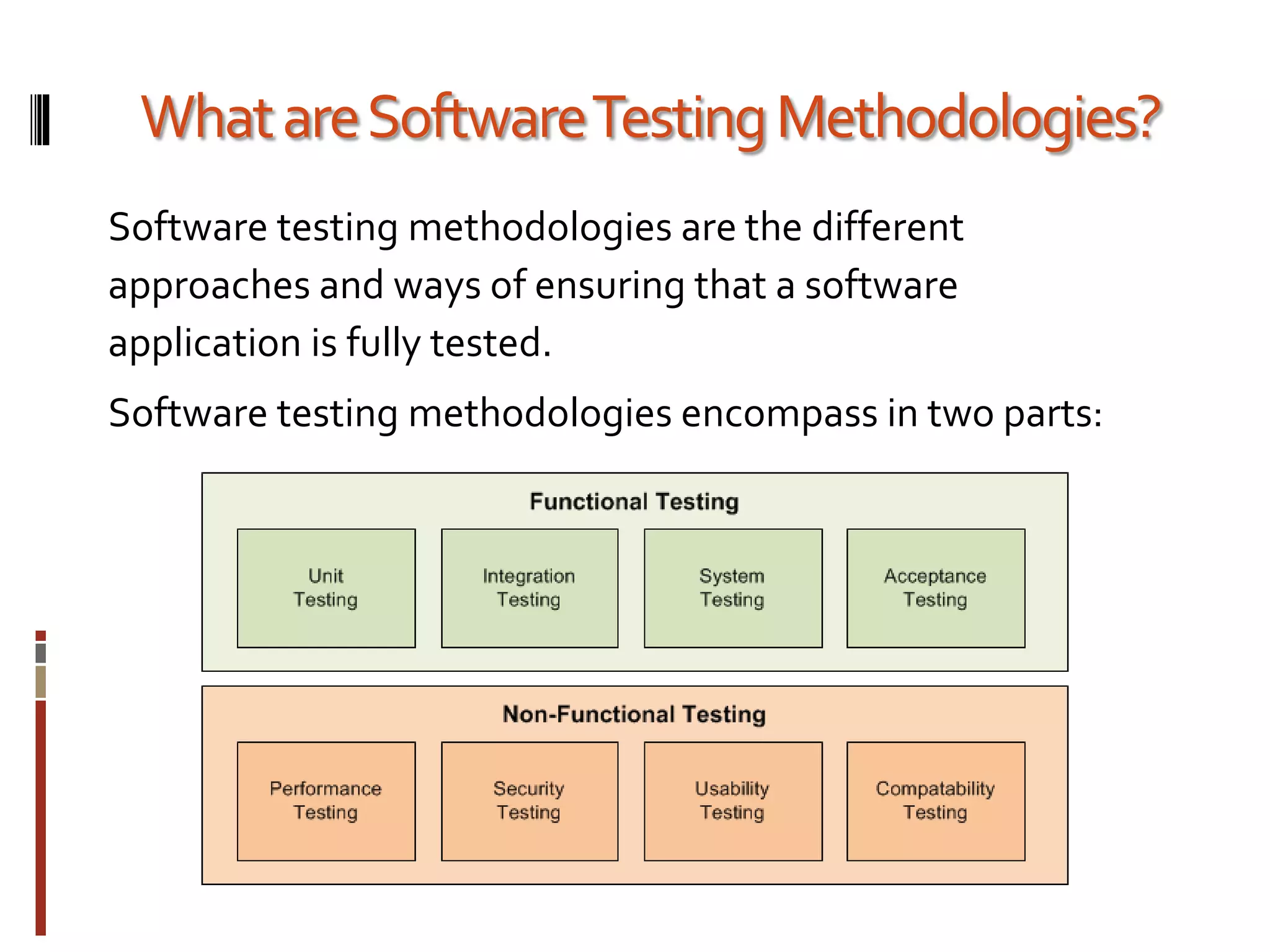 WhatareSoftwareTestingMethodologies?
Software testing methodologies are the different
approaches and ways of ensuring that a software
application is fully tested.
Software testing methodologies encompass in two parts:
 