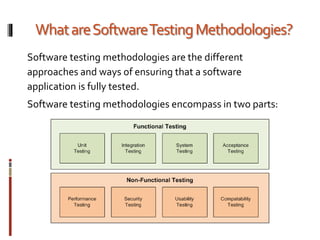 WhatareSoftwareTestingMethodologies?
Software testing methodologies are the different
approaches and ways of ensuring that a software
application is fully tested.
Software testing methodologies encompass in two parts:
 