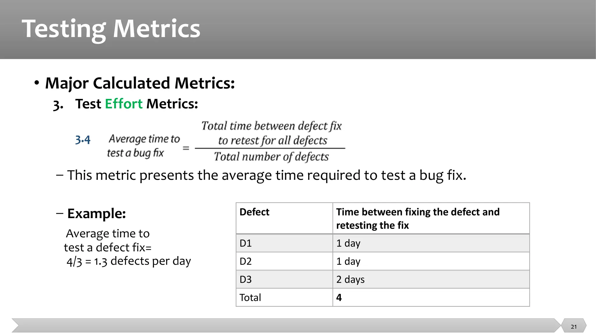 Testing Metrics
• Major Calculated Metrics:
3. Test Effort Metrics:
3.4
− This metric presents the average time required to test a bug fix.
− Example:
Average time to
test a defect fix=
4/3 = 1.3 defects per day
Defect Time between fixing the defect and
retesting the fix
D1 1 day
D2 1 day
D3 2 days
Total 4
21
 
