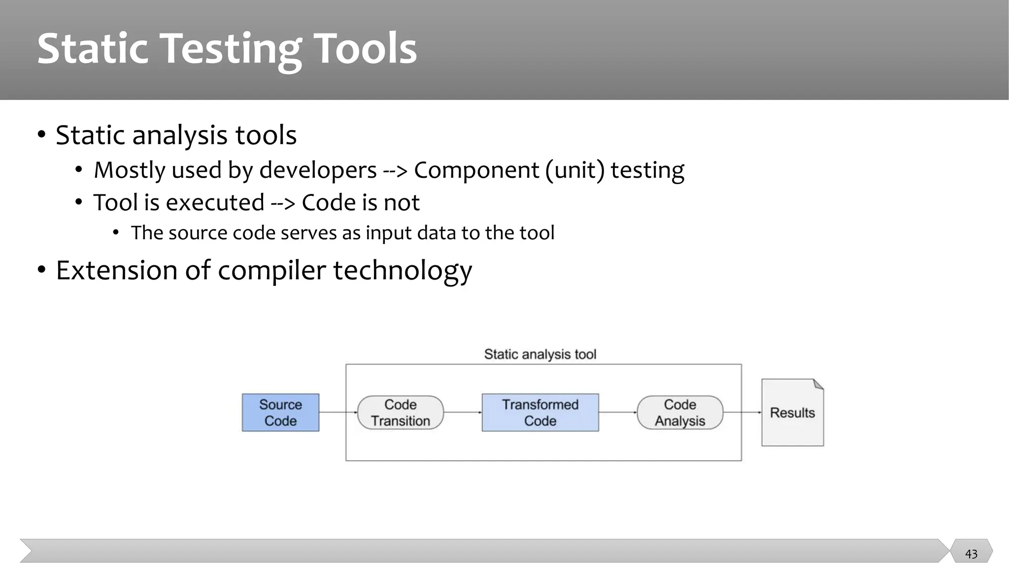 Static Testing Tools
• Static analysis tools
• Mostly used by developers --> Component (unit) testing
• Tool is executed --> Code is not
• The source code serves as input data to the tool
• Extension of compiler technology
43
 