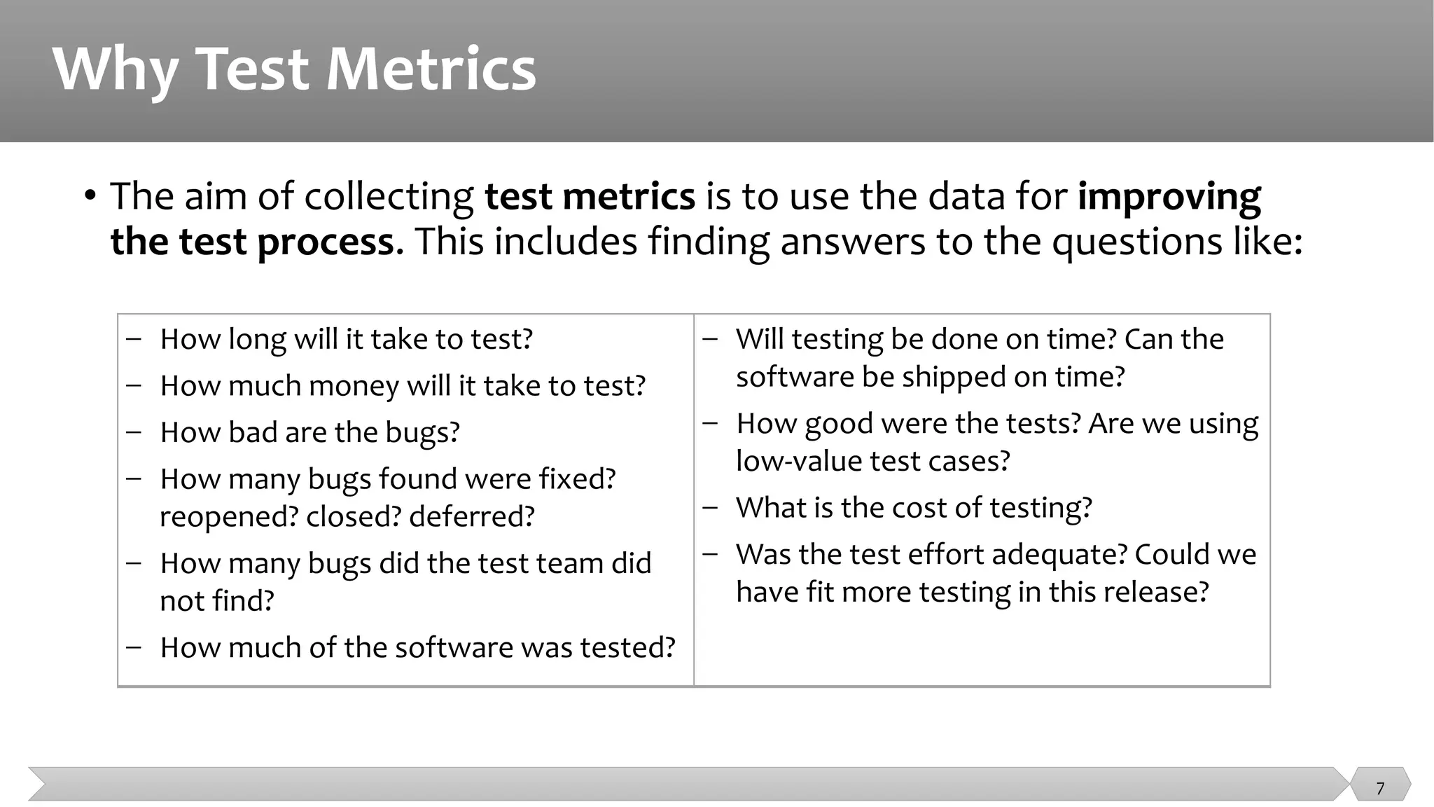 Why Test Metrics
• The aim of collecting test metrics is to use the data for improving
the test process. This includes finding answers to the questions like:
− How long will it take to test?
− How much money will it take to test?
− How bad are the bugs?
− How many bugs found were fixed?
reopened? closed? deferred?
− How many bugs did the test team did
not find?
− How much of the software was tested?
− Will testing be done on time? Can the
software be shipped on time?
− How good were the tests? Are we using
low-value test cases?
− What is the cost of testing?
− Was the test effort adequate? Could we
have fit more testing in this release?
7
 