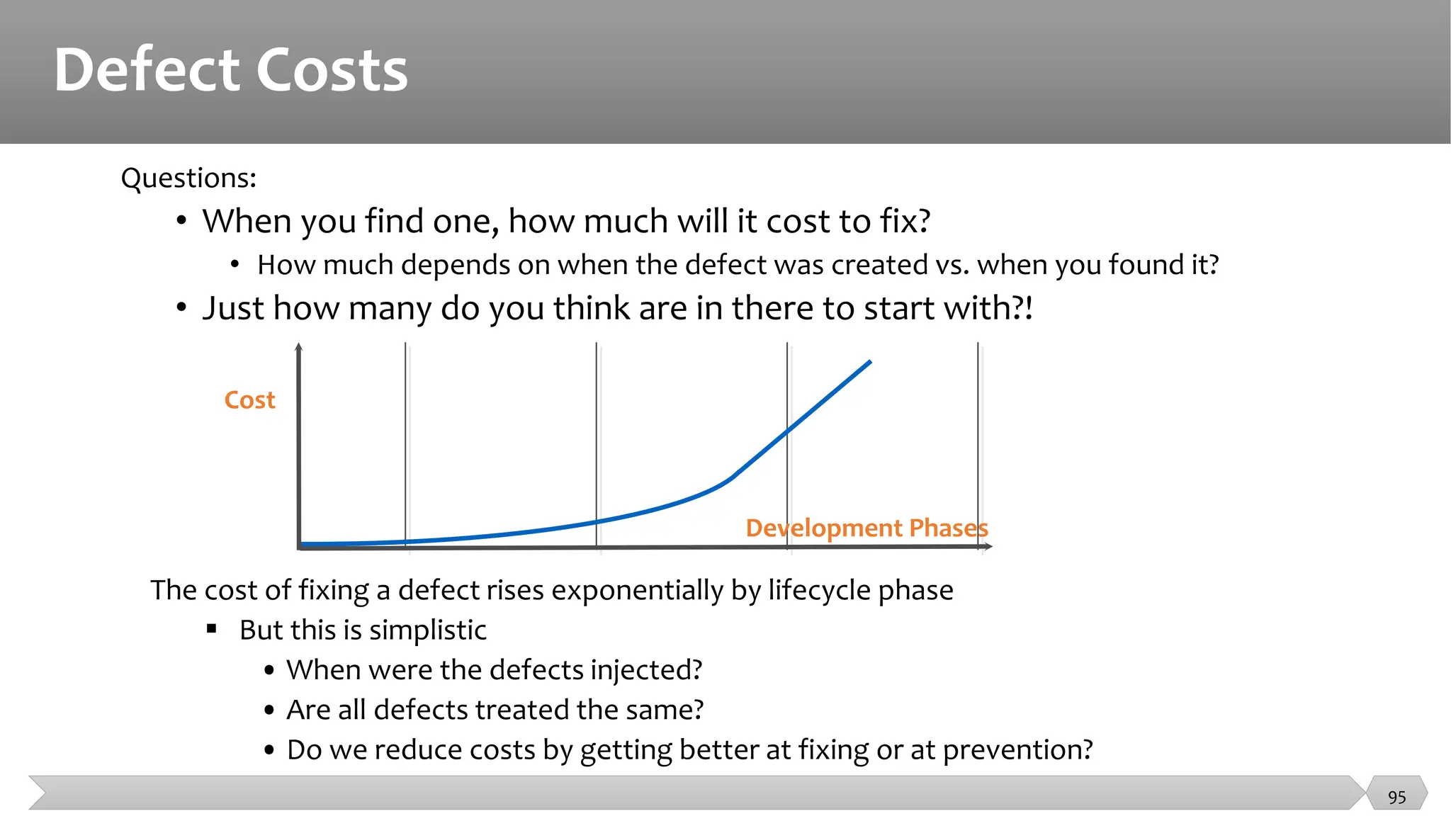 Defect Costs
Questions:
• When you find one, how much will it cost to fix?
• How much depends on when the defect was created vs. when you found it?
• Just how many do you think are in there to start with?!
Cost
Development Phases
The cost of fixing a defect rises exponentially by lifecycle phase
 But this is simplistic
• When were the defects injected?
• Are all defects treated the same?
• Do we reduce costs by getting better at fixing or at prevention?
95
 