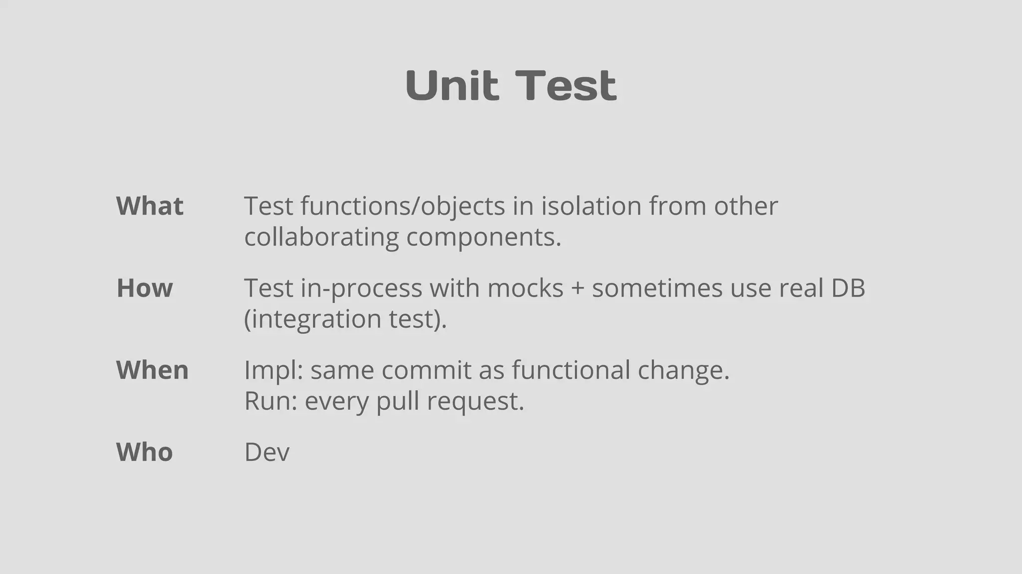 Unit Test
What Test functions/objects in isolation from other
collaborating components.
How Test in-process with mocks + sometimes use real DB
(integration test).
When Impl: same commit as functional change.
Run: every pull request.
Who Dev
 