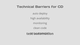 Technical Barriers for CD
auto deploy
high availability
monitoring
clean code
test automationtest automation
 