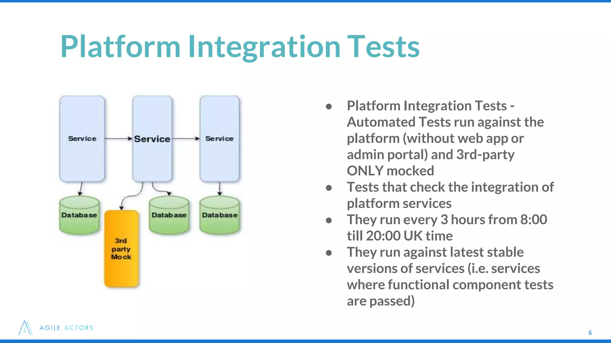 ● Platform Integration Tests -
Automated Tests run against the
platform (without web app or
admin portal) and 3rd-party
ONLY mocked
● Tests that check the integration of
platform services
● They run every 3 hours from 8:00
till 20:00 UK time
● They run against latest stable
versions of services (i.e. services
where functional component tests
are passed)
6
Platform Integration Tests
6
 