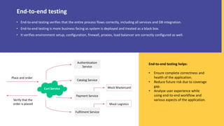 • End-to-end testing verifies that the entire process flows correctly, including all services and DB integration.
• End-to-end testing is more business facing as system is deployed and treated as a black box.
• It verifies environment setup, configuration, firewall, proxies, load balancer are correctly configured as well.
End-to-end testing helps:
• Ensure complete correctness and
health of the application.
• Reduce future risk due to coverage
gap.
• Analyze user experience while
using end-to-end workflow and
various aspects of the application.
End-to-end testing
Authentication
Service
Catalog Service
Payment Service
Fulfilment Service
Cart Service
Place and order
Verify that the
order is placed
Mock Mastercard
Mock Logistics
 