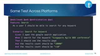 Agile Testing, Test Automation & BDD, Singapore www.testingmind.com October 25, 2016
Same Test Across Platforms
15
 
