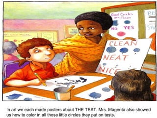 In art we each made posters about THE TEST. Mrs. Magenta also showed us how to color in all those little circles they put on tests. 