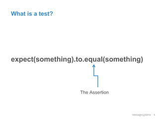 5
What is a test?
expect(something).to.equal(something)
The Assertion
 