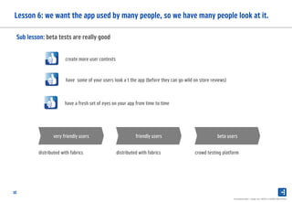 10
Lesson 6: we want the app used by many people, so we have many people look at it.
Presentation label - change over INSERT in HEADER AND FOOTER
distributed with fabrics
very friendly users
distributed with fabrics
friendly users
crowd testing platform
beta users
create more user contexts
have some of your users look a t the app (before they can go wild on store reviews)
have a fresh set of eyes on your app from time to time
Sub lesson: beta tests are really good
 