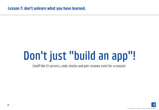 11
Lesson 7: don't unlearn what you have learned.
Presentation label - change over INSERT in HEADER AND FOOTER
Don't just "build an app"!
(stuff like CI servers, code checks and pair reviews exist for a reason)
 