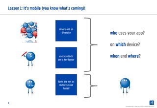 3
Lesson 1: It's mobile (you know what's coming)!
Presentation label - change over INSERT in HEADER AND FOOTER
tools are not as
mature as we
hoped
device and os
diversity
user contexts
are a key factor
who uses your app?
on which device?
when and where?
 
