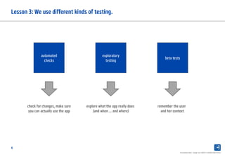 6
Lesson 3: We use different kinds of testing.
Presentation label - change over INSERT in HEADER AND FOOTER
automated
checks
exploratory
testing
beta tests
check for changes, make sure
you can actually use the app
explore what the app really does
(and when … and where)
remember the user
and her context
 