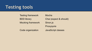 Testing tools
Testing framework Mocha
BDD library Chai (expect & should)
Mocking framework Sinon.js
Proxyquire
Code organization JavaScript classes
 