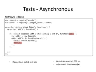 Tests - Asynchronous
test/async_adder.js
• If done() not called, test fails • Default timeout is 2,000 ms
• Adjust with this.timeout(x)
var should = require('should');
var Adder = require('../async_adder').Adder;
describe('Asynchronous Adder', function() {
describe('add()', function() {
it('should callback with 3 when adding 1 and 2', function(done) {
var adder = new Adder();
adder.add(1, 2, function(result) {
result.should.equal(3);
done();
});
});
});
});
 
