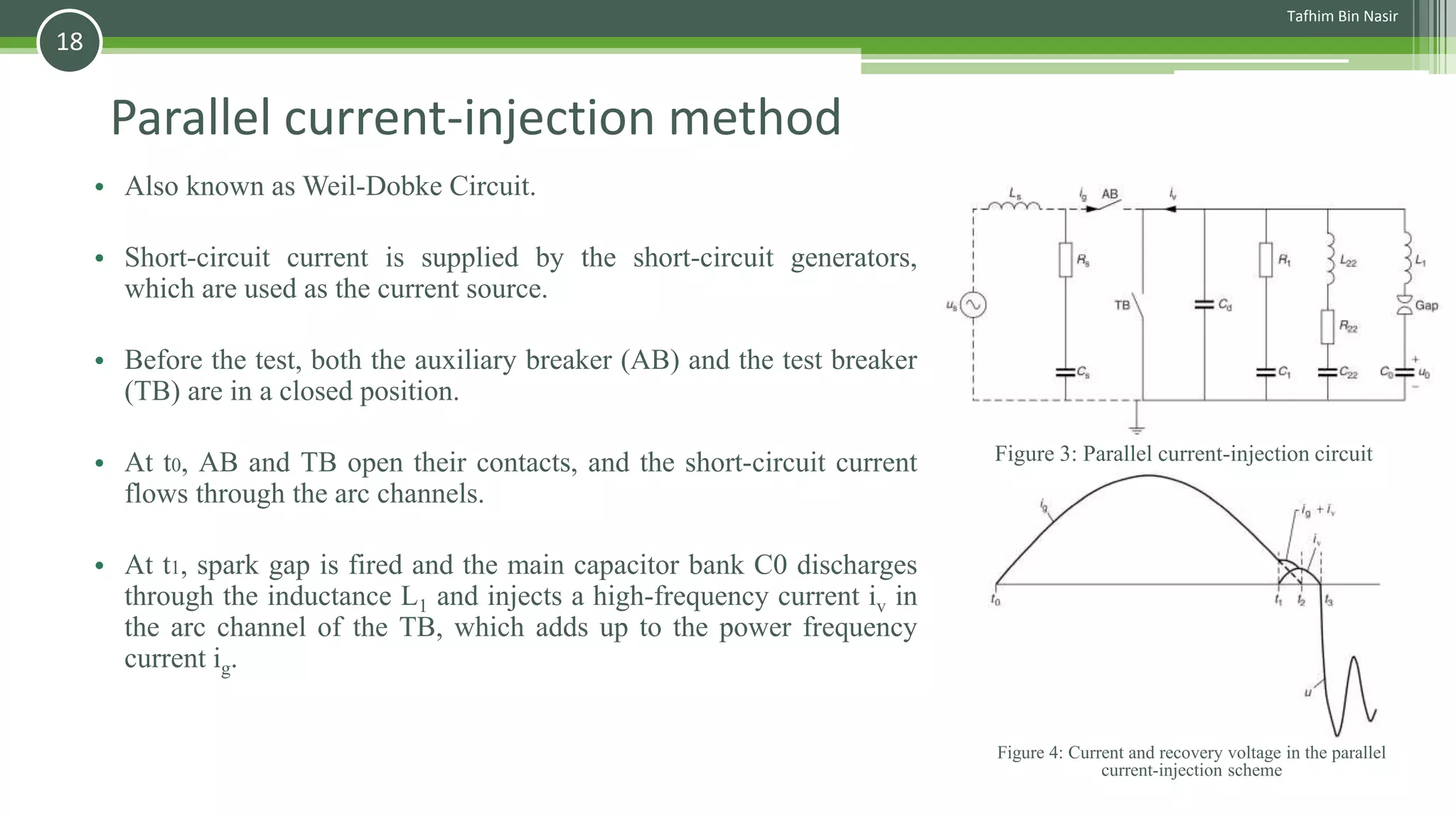 Parallel current-injection method
• Also known as Weil-Dobke Circuit.
• Short-circuit current is supplied by the short-circuit generators,
which are used as the current source.
• Before the test, both the auxiliary breaker (AB) and the test breaker
(TB) are in a closed position.
• At t0, AB and TB open their contacts, and the short-circuit current
flows through the arc channels.
• At t1, spark gap is fired and the main capacitor bank C0 discharges
through the inductance L1 and injects a high-frequency current iv in
the arc channel of the TB, which adds up to the power frequency
current ig.
Figure 4: Current and recovery voltage in the parallel
current-injection scheme
Figure 3: Parallel current-injection circuit
Tafhim Bin Nasir
18
 