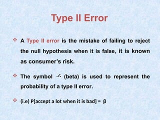 Type II Error
 A Type II error is the mistake of failing to reject
the null hypothesis when it is false, it is known
as consumer’s risk.
 The symbol  (beta) is used to represent the
probability of a type II error.
 (i.e) P[accept a lot when it is bad] = β
 