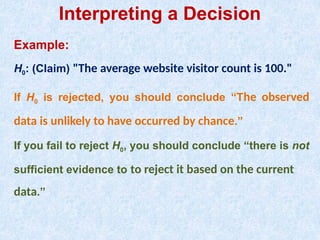 Interpreting a Decision
Example:
H0: (Claim) "The average website visitor count is 100."
If H0 is rejected, you should conclude “The observed
data is unlikely to have occurred by chance.”
If you fail to reject H0, you should conclude “there is not
sufficient evidence to to reject it based on the current
data.”
 