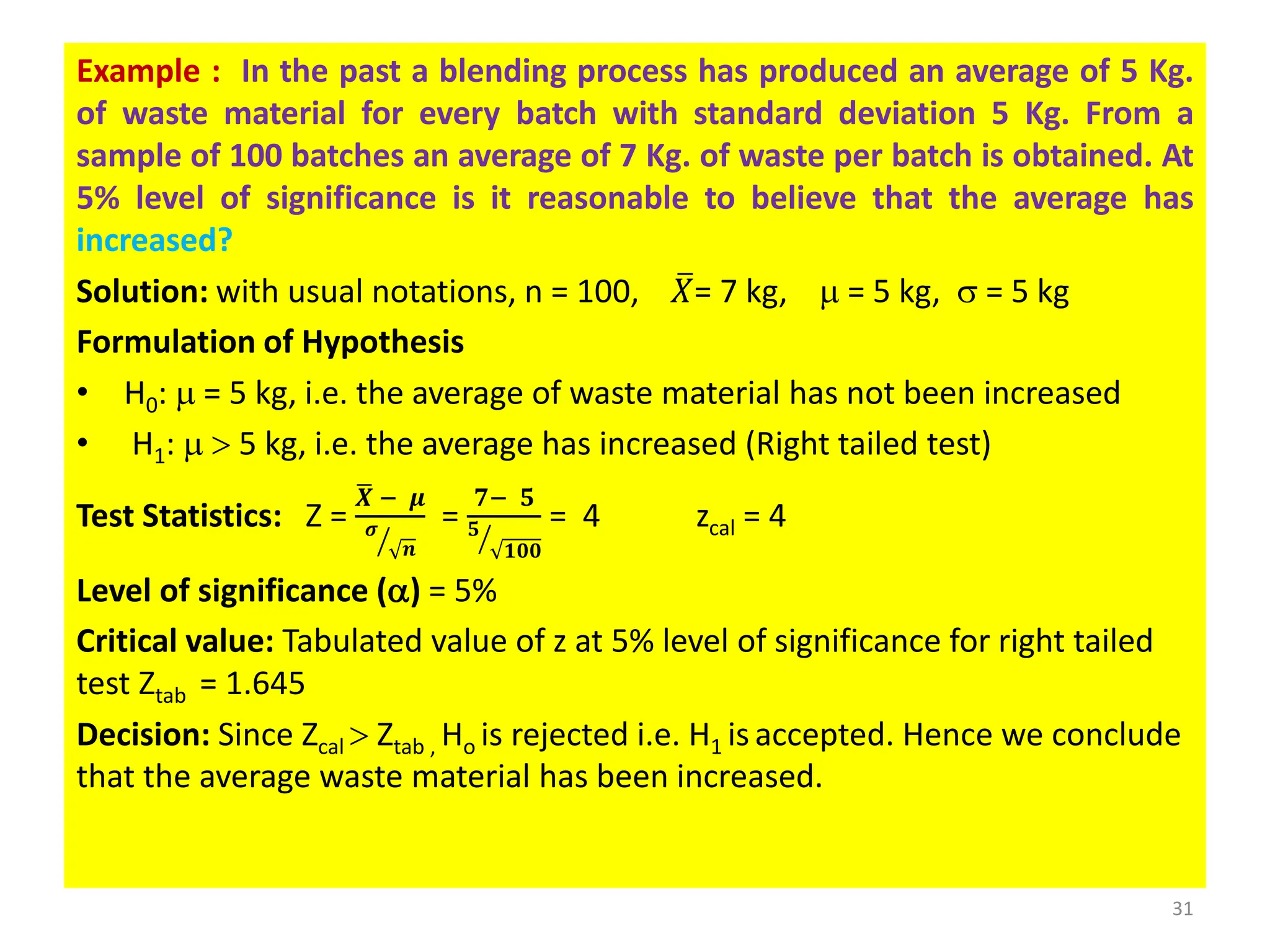 Example : In the past a blending process has produced an average of 5 Kg.
of waste material for every batch with standard deviation 5 Kg. From a
sample of 100 batches an average of 7 Kg. of waste per batch is obtained. At
5% level of significance is it reasonable to believe that the average has
increased?
Solution: with usual notations, n = 100, ത
𝑋= 7 kg,  = 5 kg,  = 5 kg
Formulation of Hypothesis
• H0:  = 5 kg, i.e. the average of waste material has not been increased
• H1:   5 kg, i.e. the average has increased (Right tailed test)
Test Statistics: Z =
ഥ
𝑿 − 𝝁
ൗ
𝝈
𝒏
=
𝟕− 𝟓
ൗ
𝟓
𝟏𝟎𝟎
= 4 zcal = 4
Level of significance (a) = 5%
Critical value: Tabulated value of z at 5% level of significance for right tailed
test Ztab = 1.645
Decision: Since Zcal  Ztab , Ho is rejected i.e. H1 is accepted. Hence we conclude
that the average waste material has been increased.
31
 
