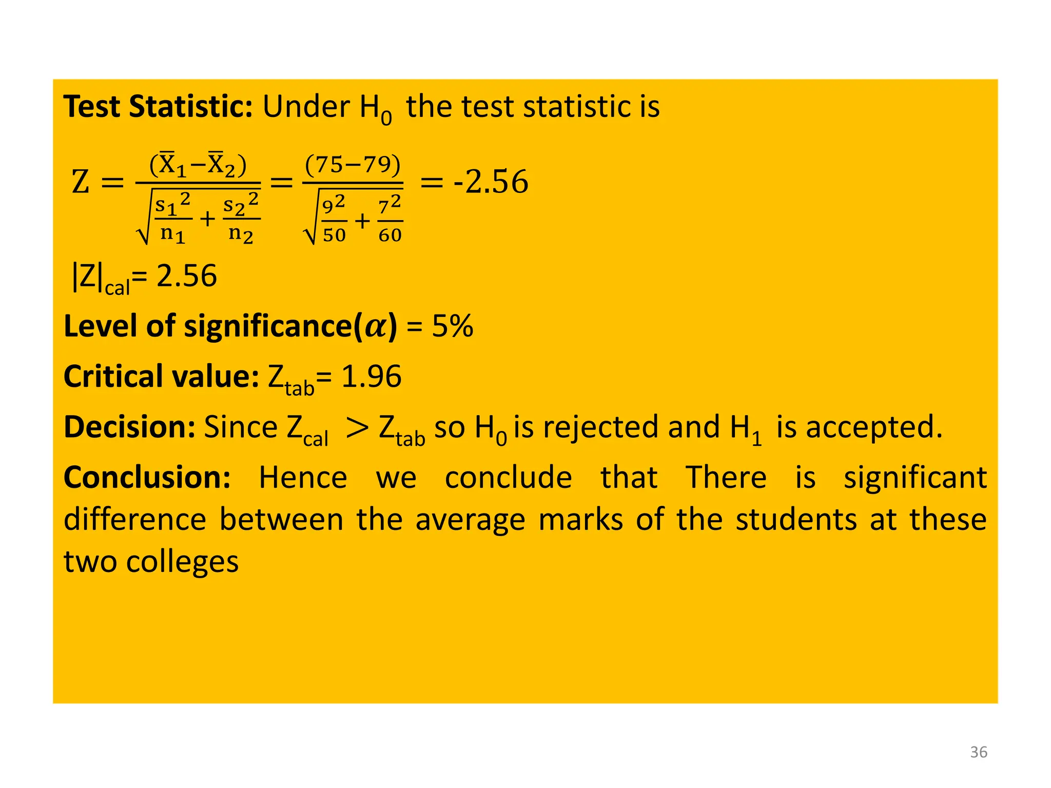 Test Statistic: Under H0 the test statistic is
Z =
(ഥ
X1−ഥ
X2)
s1
2
n1
+
s2
2
n2
=
(75−79)
92
50
+
72
60
= -2.56
ǀZǀcal= 2.56
Level of significance(𝜶) = 5%
Critical value: Ztab= 1.96
Decision: Since Zcal > Ztab so H0 is rejected and H1 is accepted.
Conclusion: Hence we conclude that There is significant
difference between the average marks of the students at these
two colleges
36
 
