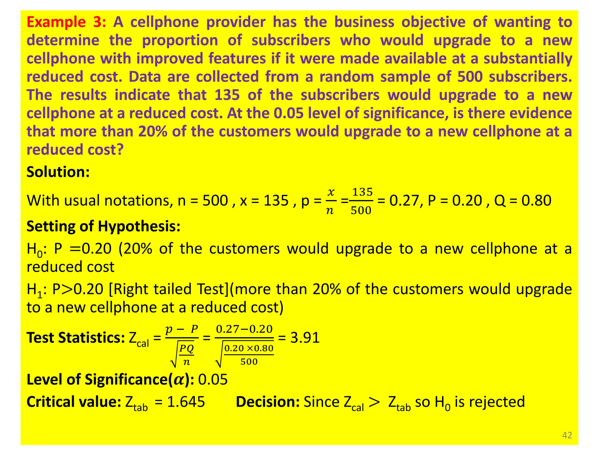 Example 3: A cellphone provider has the business objective of wanting to
determine the proportion of subscribers who would upgrade to a new
cellphone with improved features if it were made available at a substantially
reduced cost. Data are collected from a random sample of 500 subscribers.
The results indicate that 135 of the subscribers would upgrade to a new
cellphone at a reduced cost. At the 0.05 level of significance, is there evidence
that more than 20% of the customers would upgrade to a new cellphone at a
reduced cost?
Solution:
With usual notations, n = 500 , x = 135 , p =
𝑥
𝑛
=
135
500
= 0.27, P = 0.20 , Q = 0.80
Setting of Hypothesis:
H0: P =0.20 (20% of the customers would upgrade to a new cellphone at a
reduced cost
H1: P>0.20 [Right tailed Test](more than 20% of the customers would upgrade
to a new cellphone at a reduced cost)
Test Statistics: Zcal =
𝑝 − 𝑃
𝑃𝑄
𝑛
=
0.27−0.20
0.20 ×0.80
500
= 3.91
Level of Significance(𝜶): 0.05
Critical value: Ztab = 1.645 Decision: Since Zcal > Ztab so H0 is rejected
42
 