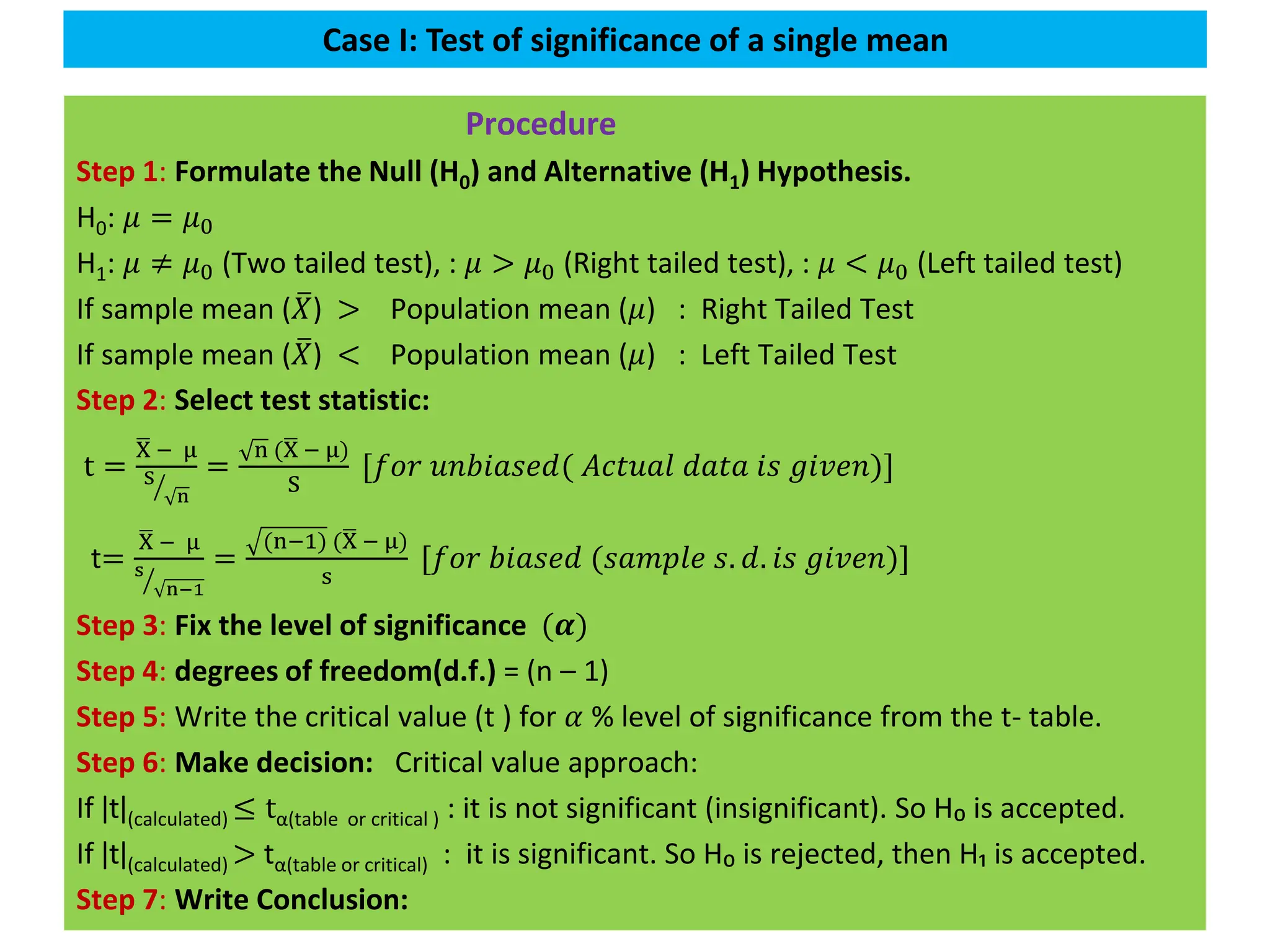 Case I: Test of significance of a single mean
Procedure
Step 1: Formulate the Null (H0) and Alternative (H1) Hypothesis.
H0: 𝜇 = 𝜇0
H1: 𝜇 ≠ 𝜇0 (Two tailed test), : 𝜇 > 𝜇0 (Right tailed test), : 𝜇 < 𝜇0 (Left tailed test)
If sample mean ( ത
𝑋) > Population mean (𝜇) : Right Tailed Test
If sample mean ( ത
𝑋) < Population mean (𝜇) : Left Tailed Test
Step 2: Select test statistic:
t =
ഥ
X − μ
ൗ
S
n
=
n (ഥ
X − μ)
S
[𝑓𝑜𝑟 𝑢𝑛𝑏𝑖𝑎𝑠𝑒𝑑( 𝐴𝑐𝑡𝑢𝑎𝑙 𝑑𝑎𝑡𝑎 𝑖𝑠 𝑔𝑖𝑣𝑒𝑛)]
t=
ഥ
X − μ
ൗ
s
n−1
=
(n−1) (ഥ
X − μ)
s
[𝑓𝑜𝑟 𝑏𝑖𝑎𝑠𝑒𝑑 (𝑠𝑎𝑚𝑝𝑙𝑒 𝑠. 𝑑. 𝑖𝑠 𝑔𝑖𝑣𝑒𝑛)]
Step 3: Fix the level of significance (𝜶)
Step 4: degrees of freedom(d.f.) = (n – 1)
Step 5: Write the critical value (t ) for 𝛼 % level of significance from the t- table.
Step 6: Make decision: Critical value approach:
If ǀtǀ(calculated) ≤ tα(table or critical ) : it is not significant (insignificant). So H₀ is accepted.
If ǀtǀ(calculated) > tα(table or critical) : it is significant. So H₀ is rejected, then H₁ is accepted.
Step 7: Write Conclusion:
 