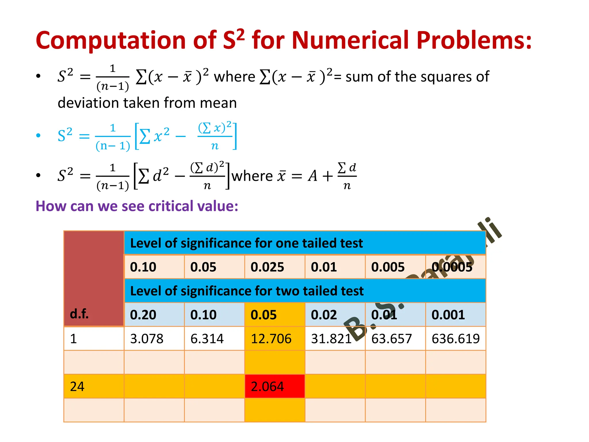 Computation of S2 for Numerical Problems:
• 𝑆2 =
1
(𝑛−1)
σ(𝑥 − 𝑥 )2 where σ(𝑥 − 𝑥 )2= sum of the squares of
deviation taken from mean
• S2 =
1
(n− 1)
σ 𝑥2 −
σ 𝑥 2
𝑛
• 𝑆2
=
1
(𝑛−1)
σ 𝑑2
−
σ 𝑑 2
𝑛
where 𝑥 = 𝐴 +
σ 𝑑
𝑛
How can we see critical value:
d.f.
Level of significance for one tailed test
0.10 0.05 0.025 0.01 0.005 0.0005
Level of significance for two tailed test
0.20 0.10 0.05 0.02 0.01 0.001
1 3.078 6.314 12.706 31.821 63.657 636.619
24 2.064
 