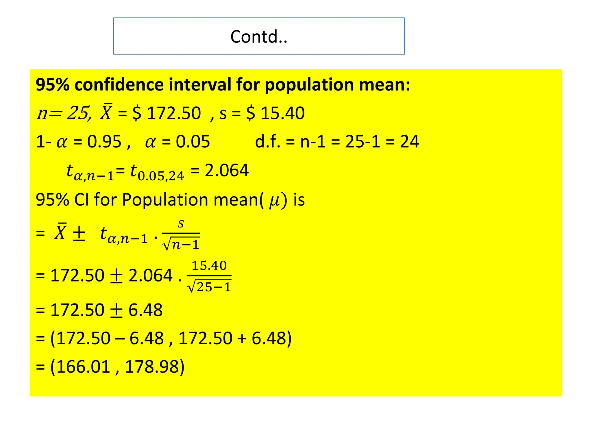 Contd..
95% confidence interval for population mean:
n= 25, ത
𝑋 = $ 172.50 , s = $ 15.40
1- 𝛼 = 0.95 , 𝛼 = 0.05 d.f. = n-1 = 25-1 = 24
𝑡𝛼,𝑛−1= 𝑡0.05,24 = 2.064
95% CI for Population mean( 𝜇) is
= ത
𝑋 ± 𝑡𝛼,𝑛−1 .
𝑠
𝑛−1
= 172.50 ± 2.064 .
15.40
25−1
= 172.50 ± 6.48
= (172.50 – 6.48 , 172.50 + 6.48)
= (166.01 , 178.98)
 