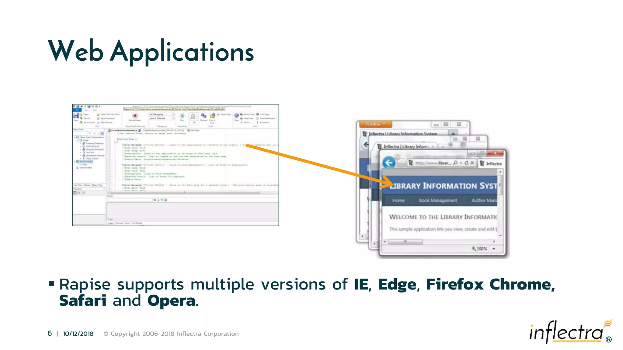 ®
6 | 10/12/2018 © Copyright 2006-2018 Inflectra Corporation
®
Web Applications
 Rapise supports multiple versions of IE, Edge, Firefox Chrome,
Safari and Opera.
 
