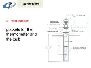A. Visual inspection:
Routine tests:
pockets for the
thermometer and
the bulb
 