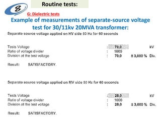 Example of measurements of separate-source voltage
test for 30/11kv 20MVA transformer:
Routine tests:
G: Dielectric tests
 