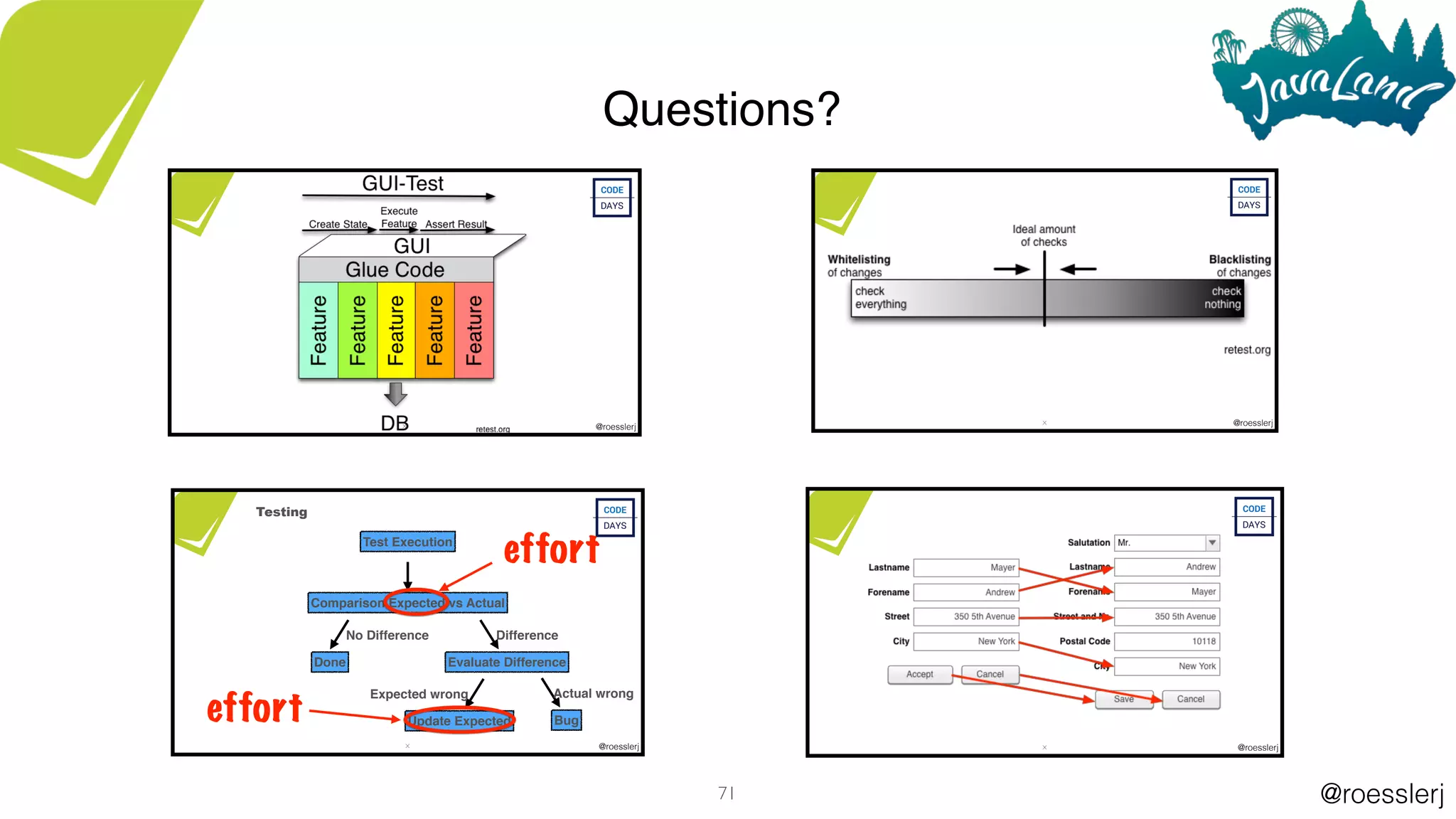 @roesslerj
@roesslerjX
@roesslerjX@roesslerjX
Actual wrong
Bug
Comparison Expected vs Actual
Update Expected
Expected wrong
Test Execution
Done
No Difference Difference
Evaluate Difference
Testing
effort
effort
@roesslerjX
71
Questions?
 