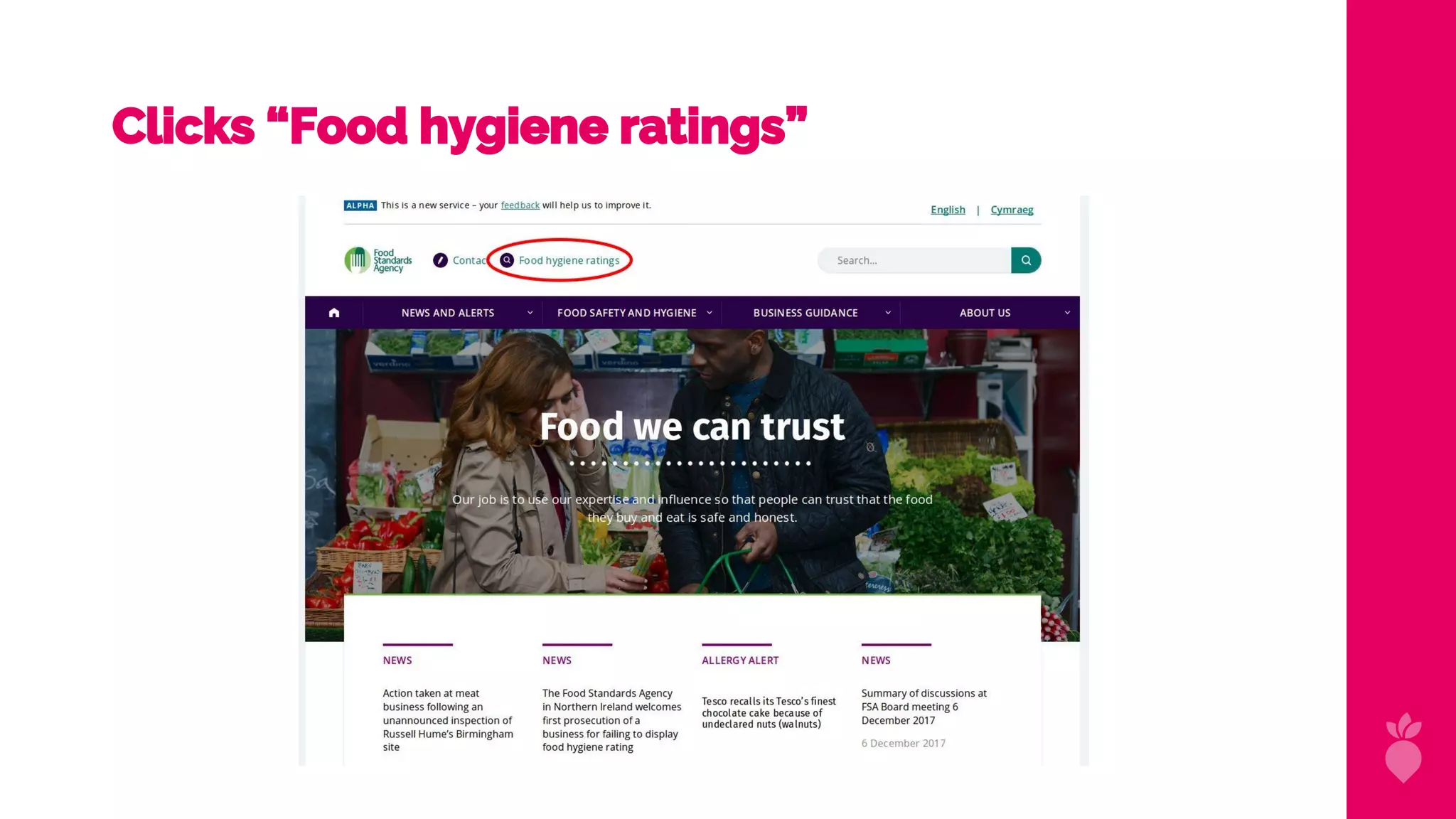 Clicks “Food hygiene ratings”
 