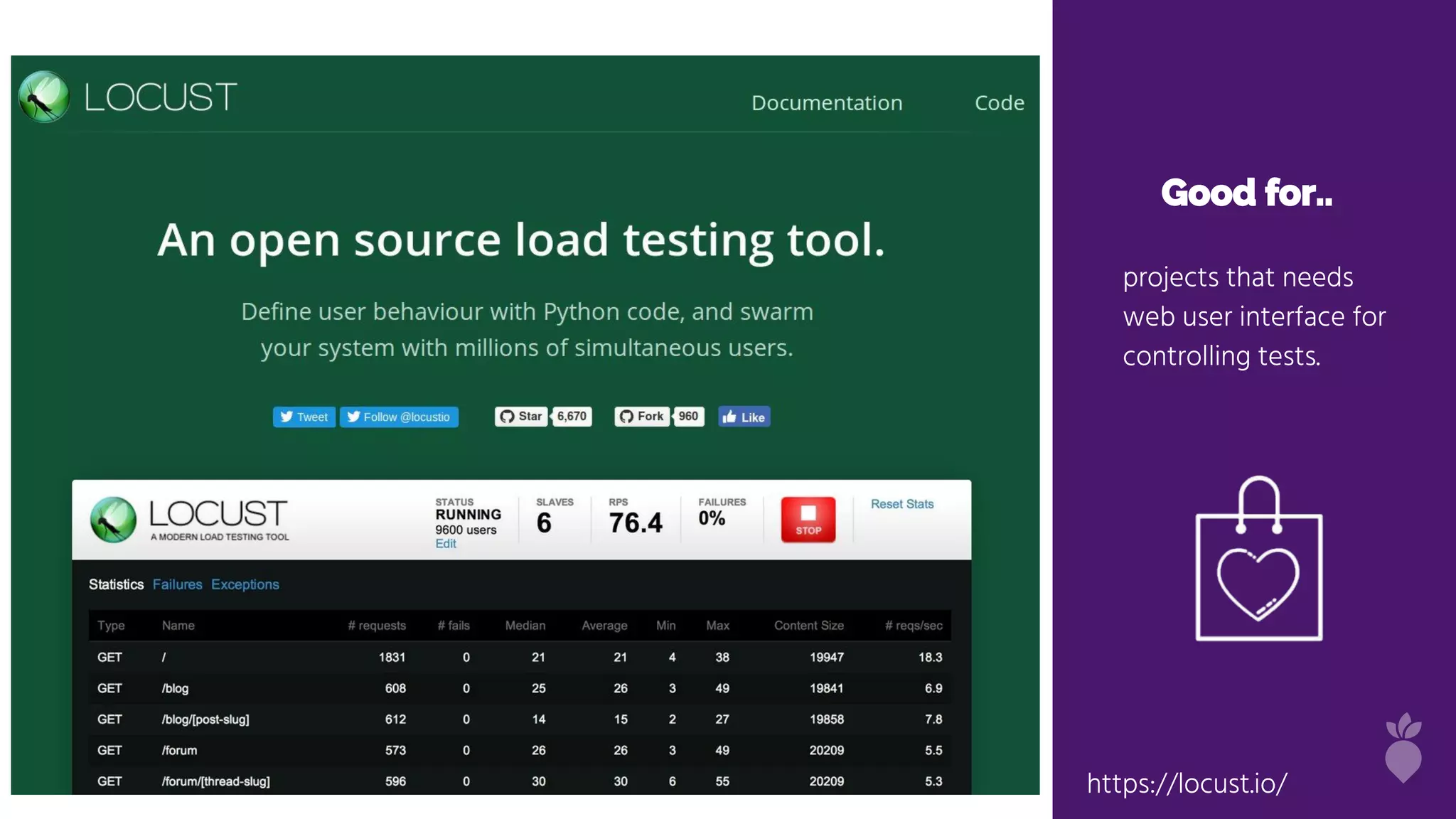 Good for..
projects that needs
web user interface for
controlling tests.
https://locust.io/
 