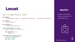 Locust Good for..
projects that needs
web user interface for
controlling tests.
https://locust.io/
 