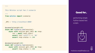 Good for..
performing simple
Python based test
scripts
molotov.readthedocs.io
 