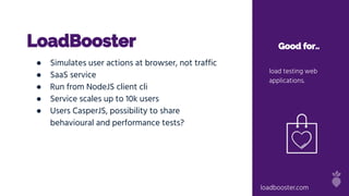 LoadBooster Good for..
load testing web
applications.
● Simulates user actions at browser, not traffic
● SaaS service
● Run from NodeJS client cli
● Service scales up to 10k users
● Users CasperJS, possibility to share
behavioural and performance tests?
loadbooster.com
 