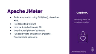Apache JMeter Good for..
simulating traffic for
complex scenarios.
● Tests are created using GUI (Java), stored as
XML
● Has recording feature
● License Apache License 2.0
● Very backed piece of software
● Funded by lots of sponsors (Apache
Foundation’s sponsors)
jmeter.apache.org
 