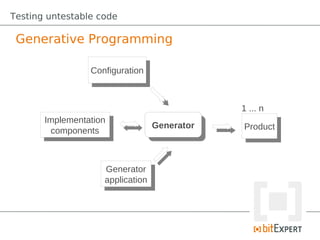 Testing untestable code

 Generative Programming

                 Configuration
                  Configuration


                                                1 ... n
       Implementation
        Implementation             Generator
                                    Generator   Product
         components
          components                             Product



                    Generator
                     Generator
                    application
                     application
 