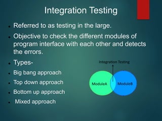 Referred to as testing in the large.
 Objective to check the different modules of
program interface with each other and detects
the errors.
 Types-
 Big bang approach
 Top down approach
 Bottom up approach
 Mixed approach
Integration Testing
 