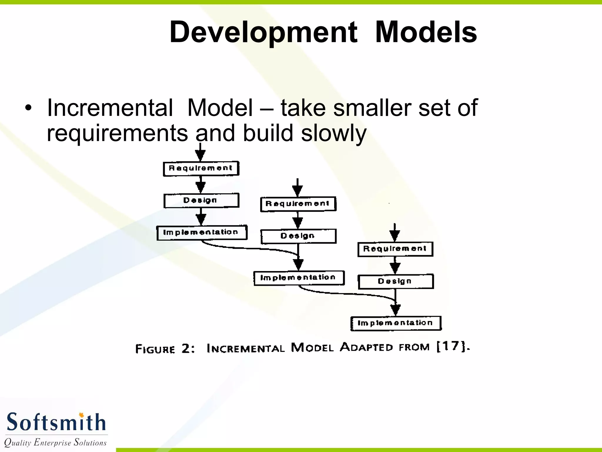 Development  Models Incremental  Model – take smaller set of requirements and build slowly 