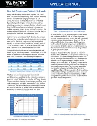 17692 Fitch Irvine, CA, 92614 USA
                                                                                              APPLICATION NOTE
 Heat Sink Temperature Profiles in Sink Mode
 Using the test setup described in figure 6, the same
 heat sink temperature readings were taken at different
 reverse current levels ranging from zero to 2.0
 Amps. Reverse or back feed current was controlled
 by gradually reducing the external resistance thus
 directing more current produced by the micro-inverter
 into the AC Power Source amplifiers. In this current
 sinking (negative power factor) mode of operation, the
 power delivered by the micro-inverter must be also be                                                 Figure 9: Temperature versus Current – Current Sink Operation
 dissipated in the linear amplifier’s heat sinks.
                                                                                               As indicated in Figure 9, once reverse power levels
 As the reverse current essentially doubles the amount                                         reach more than 450W, the AC Power Source’s
 of power the heat sink must dissipate, the temperature                                        internal over temperature protection will eventually
                                                                                               cause the power source to shut down. As this is
 runs higher than that experienced with equivalent
                                                                                               a thermal limit, the time required will vary with
 current in source mode of operation. To reach around                                          both heat sink starting temperature and ambient
 500W of reverse power (2A at 240V) for the full load                                          temperature. Once the power source shuts down,
 test, a second 250W micro-inverter was added.                                                 the micro-inverters will shut down as they will lose
 The recorded temperatures in current sink mode are                                            AC grid synchronization.
 much higher than at equivalent current levels in source                                       Based on these test results, it is safe to conclude
 mode of operation. Data for phase A and B amplifier                                           that the 320AMXT-UPC32 can operate continuously
 heat sinks is shown in Table 3 and Figure 8 below.                                            up to about 25% of its rated power in current sink
                                                                                               mode. For larger PV inverter test and development
                                               Heat Sink Temp (% of Shutdown Temp)
                                                                                               applications, a larger sized AMX model can be
     VAC (Vrms)   Load Current (A) Power (W)       Phase A           Phase B                   applied or multiple AMX AC Power Sources can be
        240            0.935         224.40         62.2%             66.2%
        240            1.389         333.36        73.6%              78.0%
                                                                                               paralleled as needed to provide sufficient levels of
        240           1.500         360.00         82.9%              83.1%                    four quadrant operation. Furthermore, a suitable
        240           1.617         388.08         87.7%              86.8%                    combination of external load and current sink
        240           1.863         447.12         89.7%              88.1%                    capability will provide a more cost effective solution
       Table 3: Heat Sink Temperature as function of Load – Sink Mode                          while still providing a seamless transition between
                                                                                               source and sink mode of operation compared to
 The heat sink temperature under current sink                                                  using a PWM type AC Power Source that lacks four
 conditions rises quickly once the micro-inverter starts                                       quadrant mode of operation.
 pushing 1.4A of RMS current into the AC Power Source.
 The temperature rise over time as a percent of the heat
 sink temperature trip point is shown in Figure 8. After
 15 minutes, the heat sink temperatures reach thermal
 equilibrium and the AC Power Source demonstrates
 the ability to continuously operate at this level.




                                                                         Mins                          Figure 10: 320AMX 4 Quadrant Power Source Operating Curve
               Figure 8: Reverse Current Mode Temperature Rise

 © Pacific Power Source, Inc., Irvine, CA All rights reserved                        AN#6PVAMX072012                                                             Page 5 of 6
 