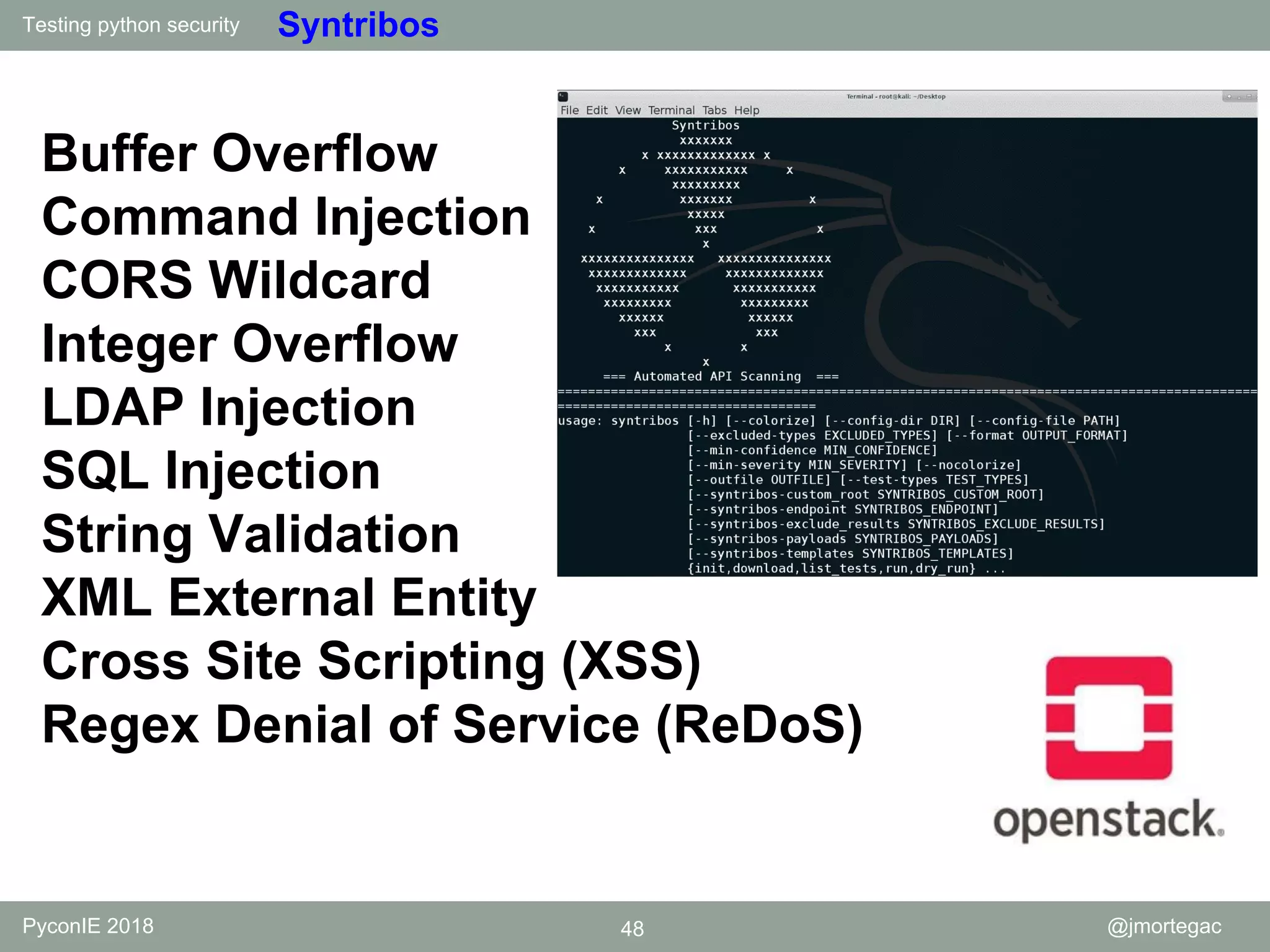 Testing python security PyconIE 2018 48 @jmortegac Syntribos Buffer Overflow Command Injection CORS Wildcard Integer Overflow LDAP Injection SQL Injection String Validation XML External Entity Cross Site Scripting (XSS) Regex Denial of Service (ReDoS) 