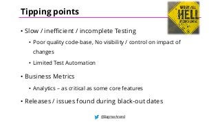 • Slow / inefficient / incomplete Testing
• Poor quality code-base, No visibility / control on impact of
changes
• Limited Test Automation
• Business Metrics
• Analytics – as critical as some core features
• Releases / issues found during black-out dates
@BagmarAnand
Tipping points
 